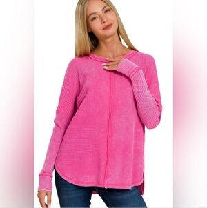 Zenana Hot Pink Mineral Wash Waffle Crew Neck